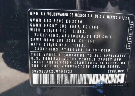 2020 Volkswagen Tiguan 2.0T Se/2.0T Se R-Line Black/2.0T Sel from USA, damaged, VIN 3VV3B7AX2LM101832
